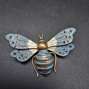 Blue Enamel Damascene Bee Brooch Gold Tone Vintage Costume Jewelry